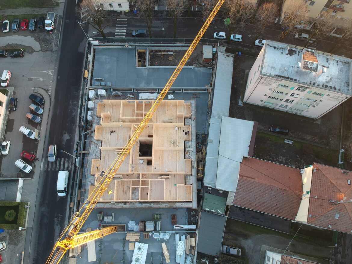 Drone shot of a Timber structure in Parma